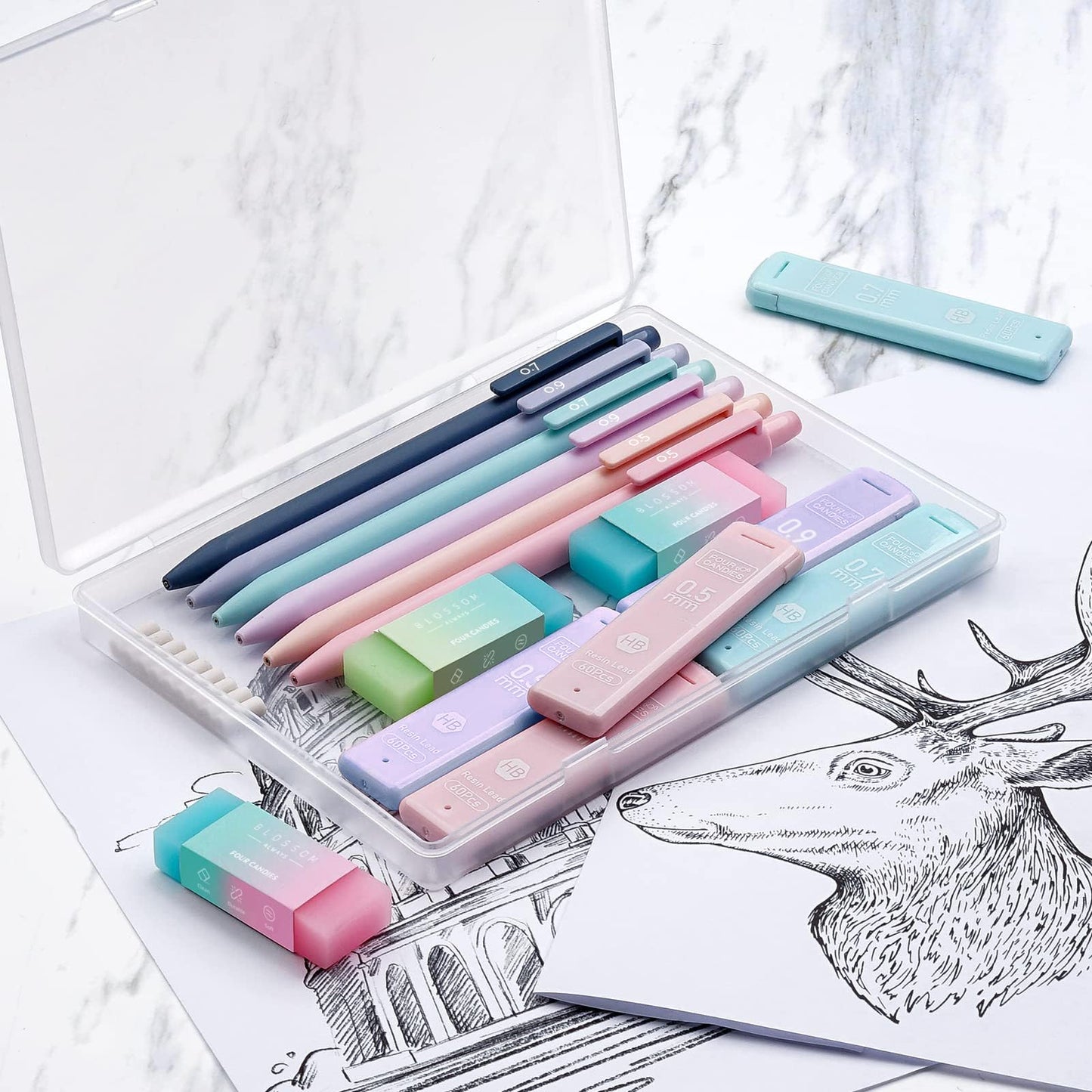 Cute Mechanical Pencil Set, 6PCS Pastel Mechanical Pencils 0.5 mm & 0.7mm & 0.9mm with 360PCS Leads, 3PCS Erasers and 9PCS Eraser Refills, Aesthetic Pencils for Girls Writing, Art Drawing