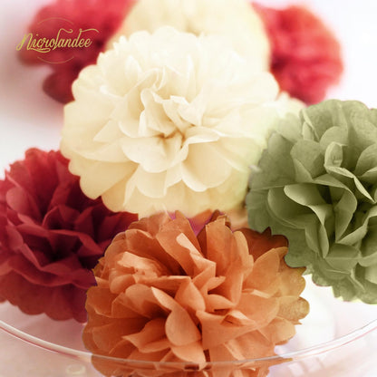 Fall Wedding Decorations - 15 PCS Pumpkin Orange Sage Green Ivory Tissue Pom Poms Decor, Dots Paper Garland for Thanksgiving, Baby Shower, Autumn Harvest Party Supplies