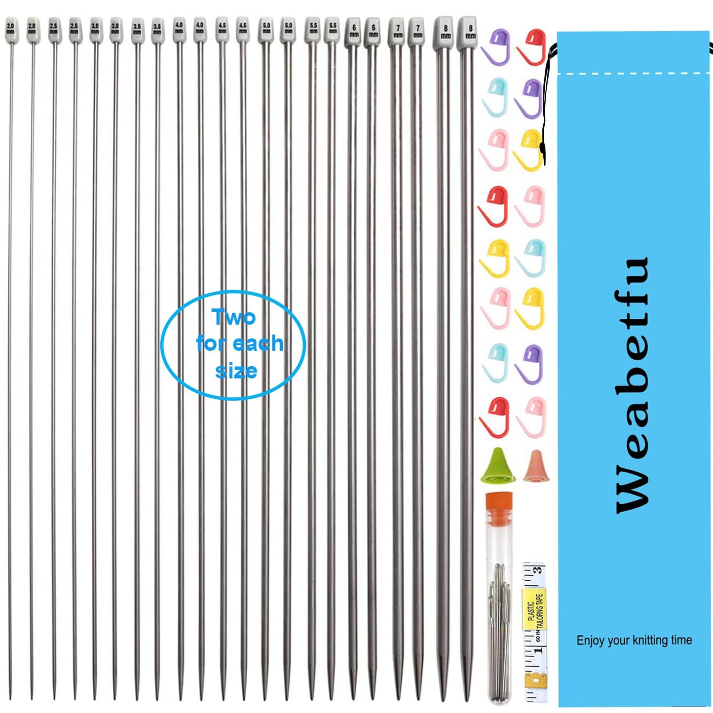 55pcs Metal Knitting Needle Set,Aluminum Straight Single Pointed Stainless Steel Knitting Needles,11 Size 2mm-8mm,10inch Length for Handmade DIY Knitting with Accessories