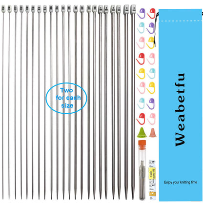 55pcs Metal Knitting Needle Set,Aluminum Straight Single Pointed Stainless Steel Knitting Needles,11 Size 2mm-8mm,10inch Length for Handmade DIY Knitting with Accessories