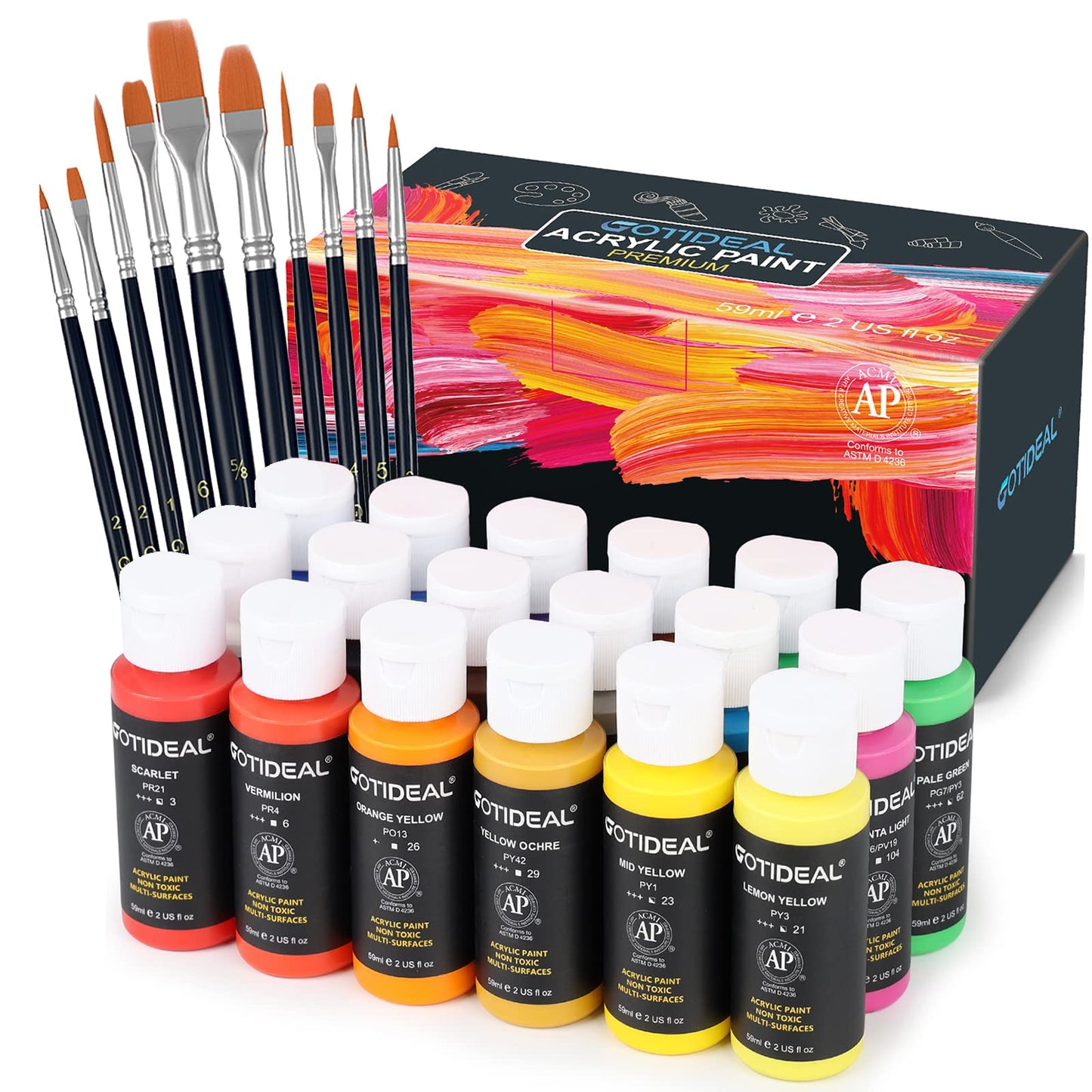 Acrylic Paint Set with 10 Brushes, 18 Colors(59ml, 2 oz) Art Craft Paint Non Toxic, Perfect for Hobby Painters, Artist, Adults, Ideal for Canvas Wood Ceramic Paint Supplies