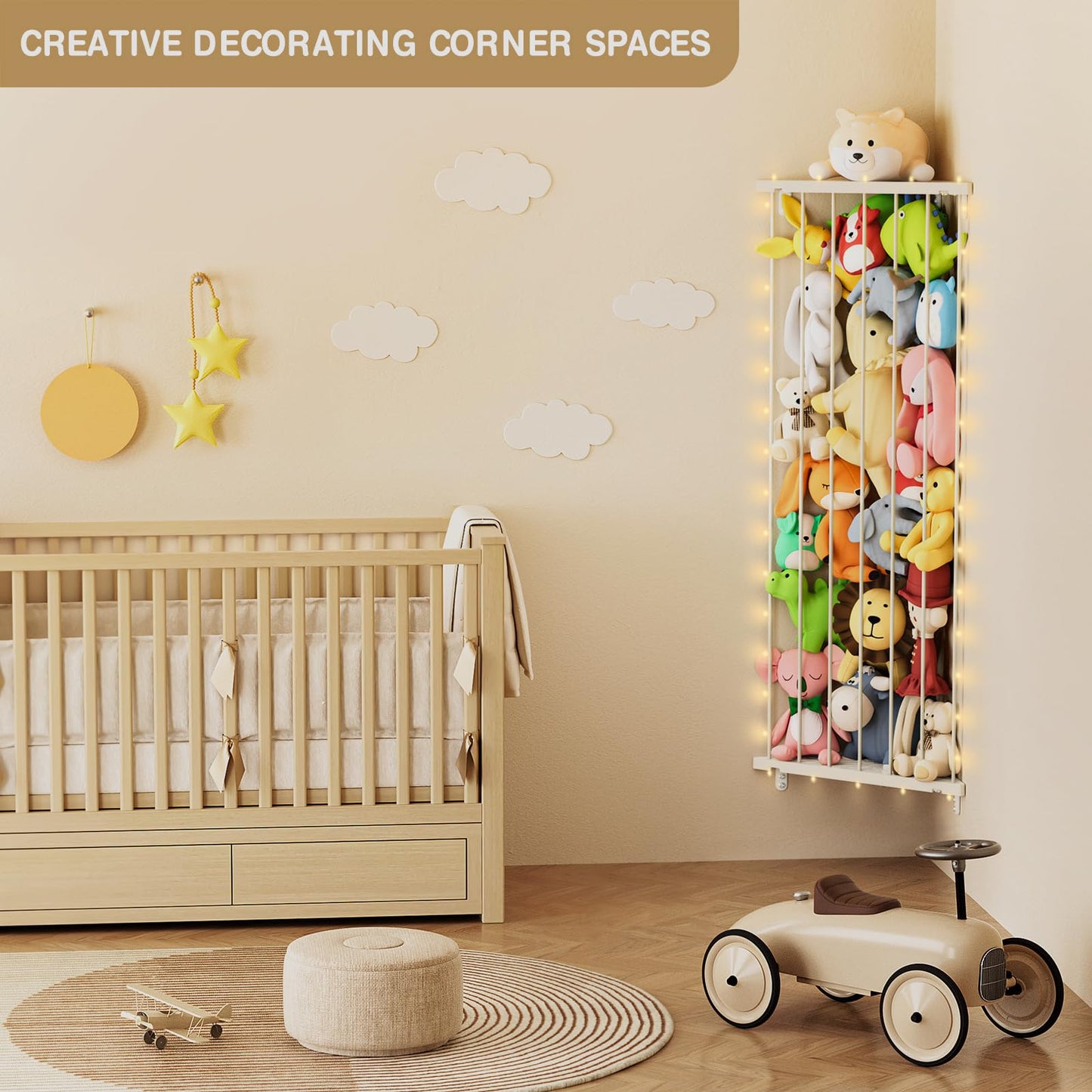 Corner Stuffed Animal Storage Net - Stuffed Animals Holder with Light - Plush Toy Organizer Hanging Stuffed Animal Hammock with Adjustable Length for Kids Room Playroom Bedroom Nursery Decor