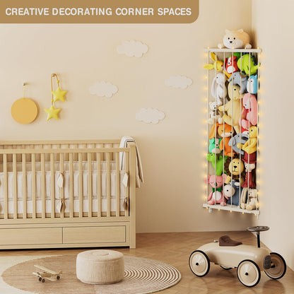 Corner Stuffed Animal Storage Net - Stuffed Animals Holder with Light - Plush Toy Organizer Hanging Stuffed Animal Hammock with Adjustable Length for Kids Room Playroom Bedroom Nursery Decor