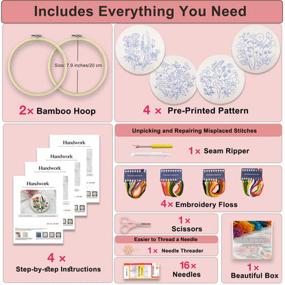 4 Sets Embroidery Kit for Beginners with Stitch Video, Flower Cross Stitch Kits for Adults, Starter, Hand Craft Lover Practice with Floral Stamped Pattern, 2 Hoops, 16 Needles, Scissors, Tools