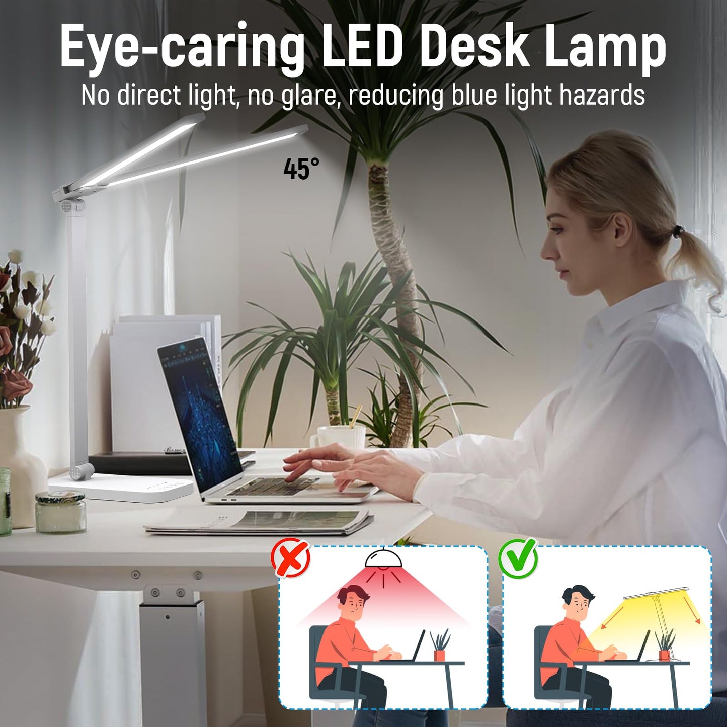 Bright LED Architect Task Lamp for Home Office - Dual Swing Arm, Adjustable Foldable Table Lamp with Dimmable Touch Control and 5 Lighting Modes for Work/Study
