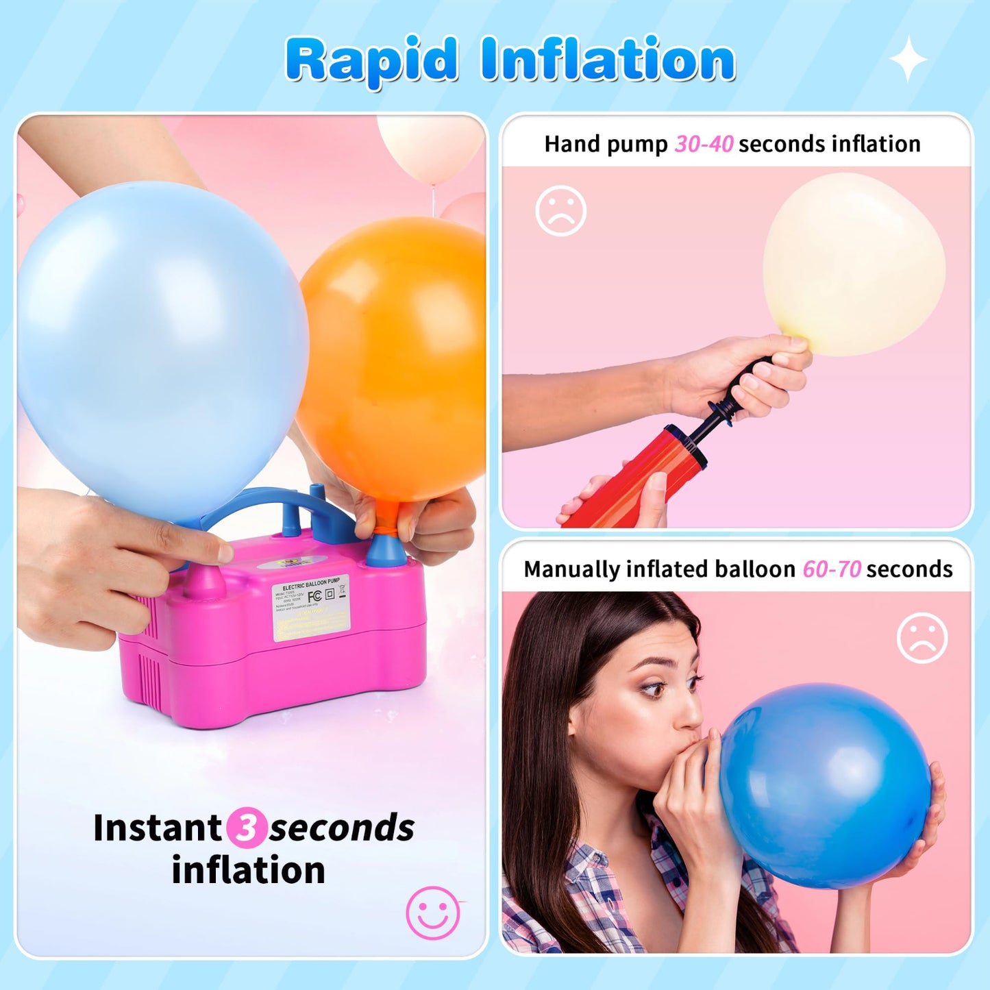 Electric Portable Dual Nozzle Balloon Blower Pump Inflation for Decoration, Party, Sport [110V~120V, 600W, Rose Red]