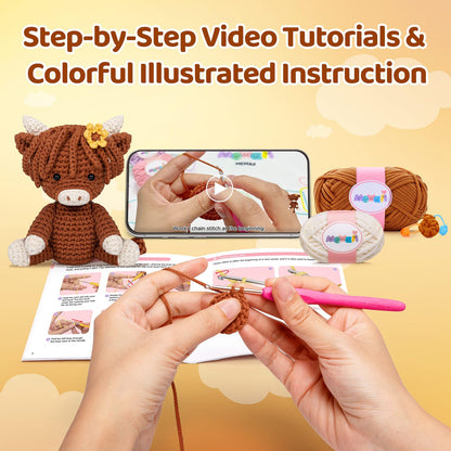 Crochet Kit for Beginners with 40% Extra Eco-Friendly Pre-Started Easy Yarn, Step-by-Step Video Tutorials for Adults and Kids (Highland Cattle)