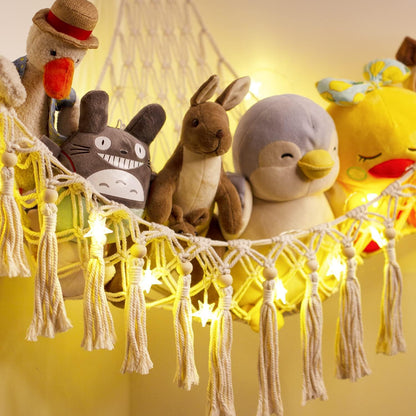 Stuffed Animal Toy Storage Hammock with LED Light - Macrame Jumbo Doll Corner Stuff Animals Organizer Decorations - Cute Hanging Plushie Net Kids Baby Nursery Bedroom Room Decor