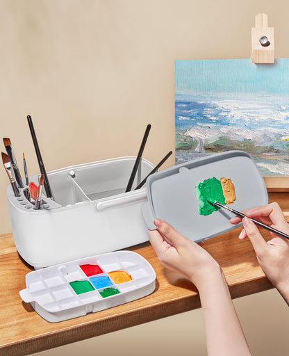 Paint Brush Cleaner - Paint Brush Holder with Palette and Handle,Rinser for Acrylic, Watercolor, and Water-Based Paints, Painting Art Supply Storage Organizer (White+Grey)