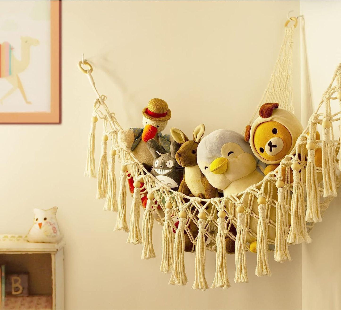 Stuffed Animal Toy Storage Hammock with LED Light - Macrame Jumbo Doll Corner Stuff Animals Organizer Decorations - Cute Hanging Plushie Net Kids Baby Nursery Bedroom Room Decor