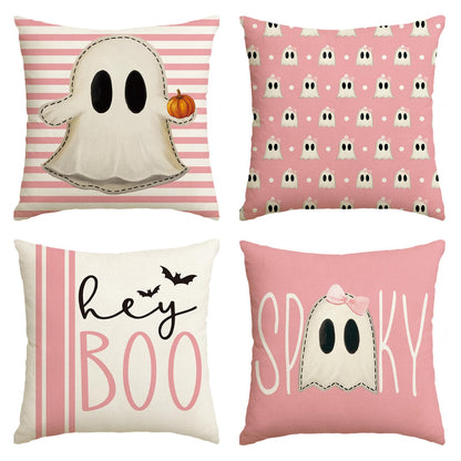 Halloween Hey Boo Cute Ghost Spooky Pink Throw Pillow Covers, 18 x 18 Inch Horror Scary Cushion Case for Sofa Couch Set of 4