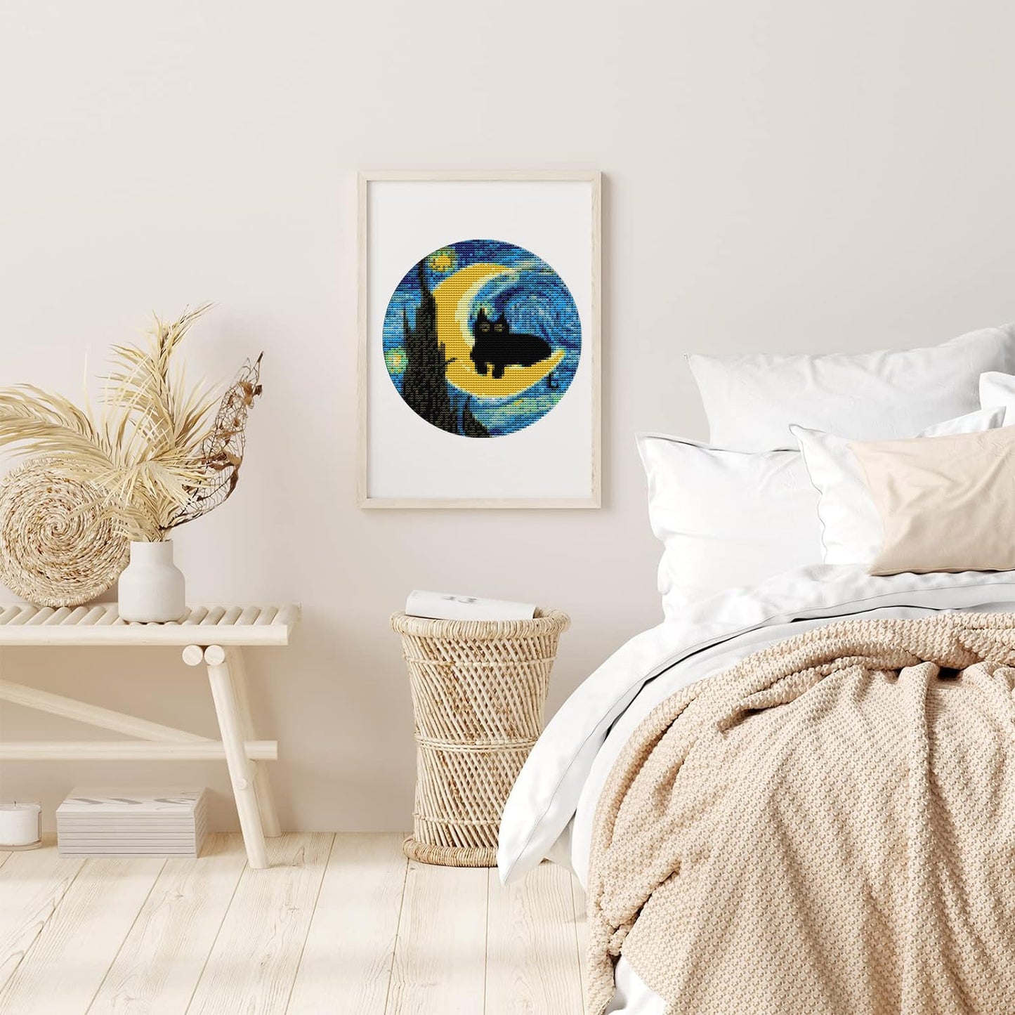 4 Pack Stamped Cross Stitch Kits with Frame - Black Cat Flower Starry Sky Moon Embroidery Kits for Beginners Adults,11 CT Patterns Dimensions Counted Cross Stitch Kits Arts Craft Kits 7.8 x 7.8 inch