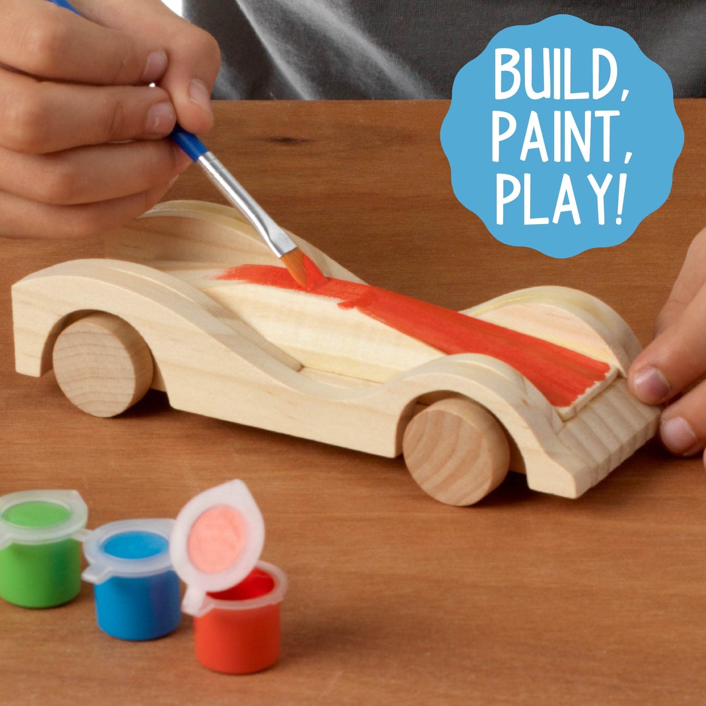 Build & Paint Your Own Wooden Cars by Horizon Group USA, DIY Wood Craft Kit, Easy to Assemble & Paint 3 Race Cars, Multicolored
