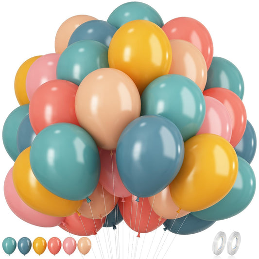 Boho Rainbow Balloons, 60Pcs Dusty Blue Blush Pink Balloons, 12 Inch Retro Mustard Yellow Slate Blue Balloon Assorted Colorful Balloon for Here Comes the Son Baby Shower Boho Safari Groovy Birthday