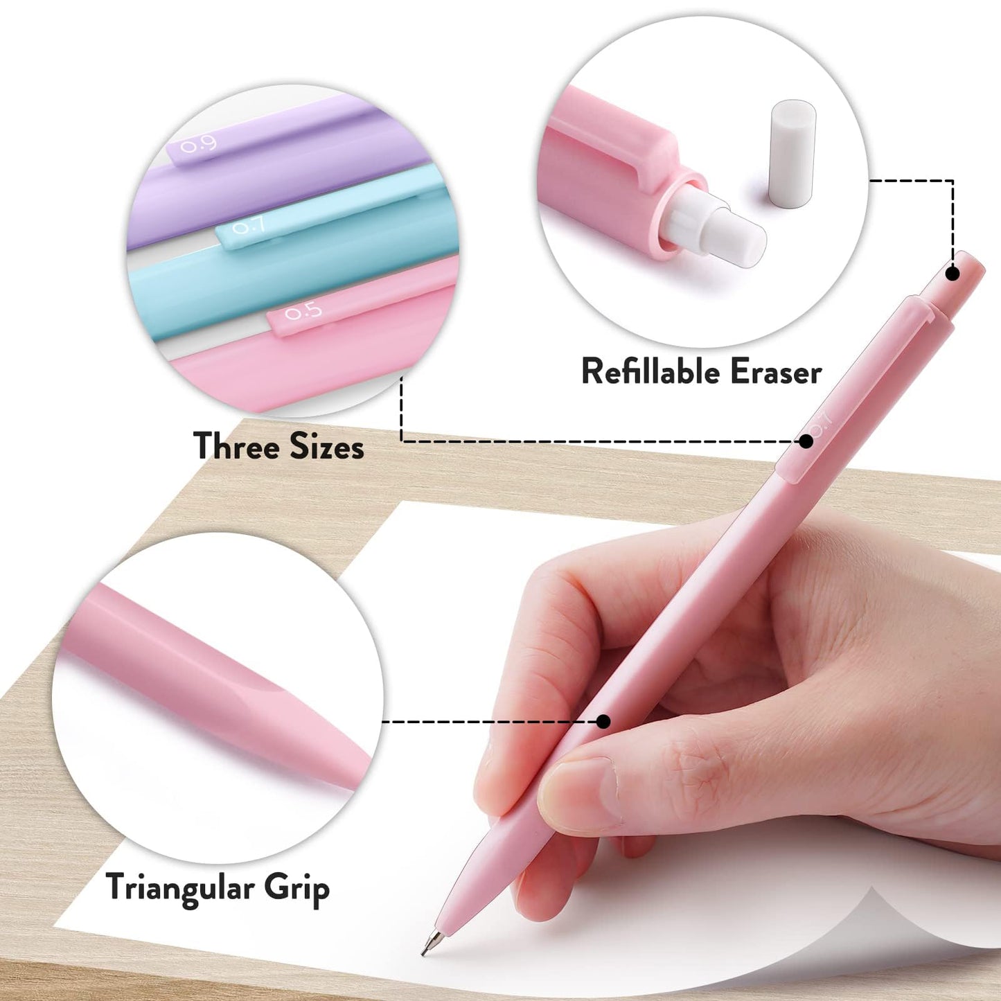 Cute Mechanical Pencil Set, 6PCS Pastel Mechanical Pencils 0.5 mm & 0.7mm & 0.9mm with 360PCS Leads, 3PCS Erasers and 9PCS Eraser Refills, Aesthetic Pencils for Girls Writing, Art Drawing