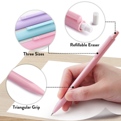 Cute Mechanical Pencil Set, 6PCS Pastel Mechanical Pencils 0.5 mm & 0.7mm & 0.9mm with 360PCS Leads, 3PCS Erasers and 9PCS Eraser Refills, Aesthetic Pencils for Girls Writing, Art Drawing