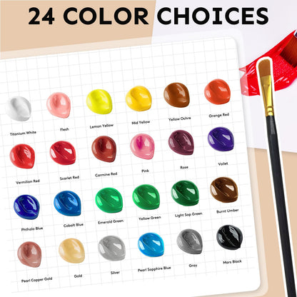 Acrylic Paint Set 24 Colors(2oz /60ml) with 12 Brushes,Rich Pigmented, Premium Acrylic Paints for Canvas Wood Glass Rock Leather Painting, Art Craft Paint Supplies