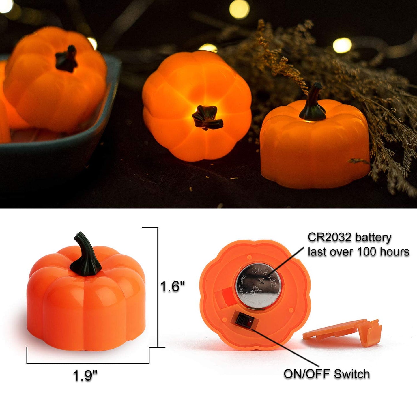 Halloween 12 Pack LED Pumpkin Lights, Jack-O'-Lantern, Small Orange Flickering Tea Lights, for Halloween, Fall Festival Decorations