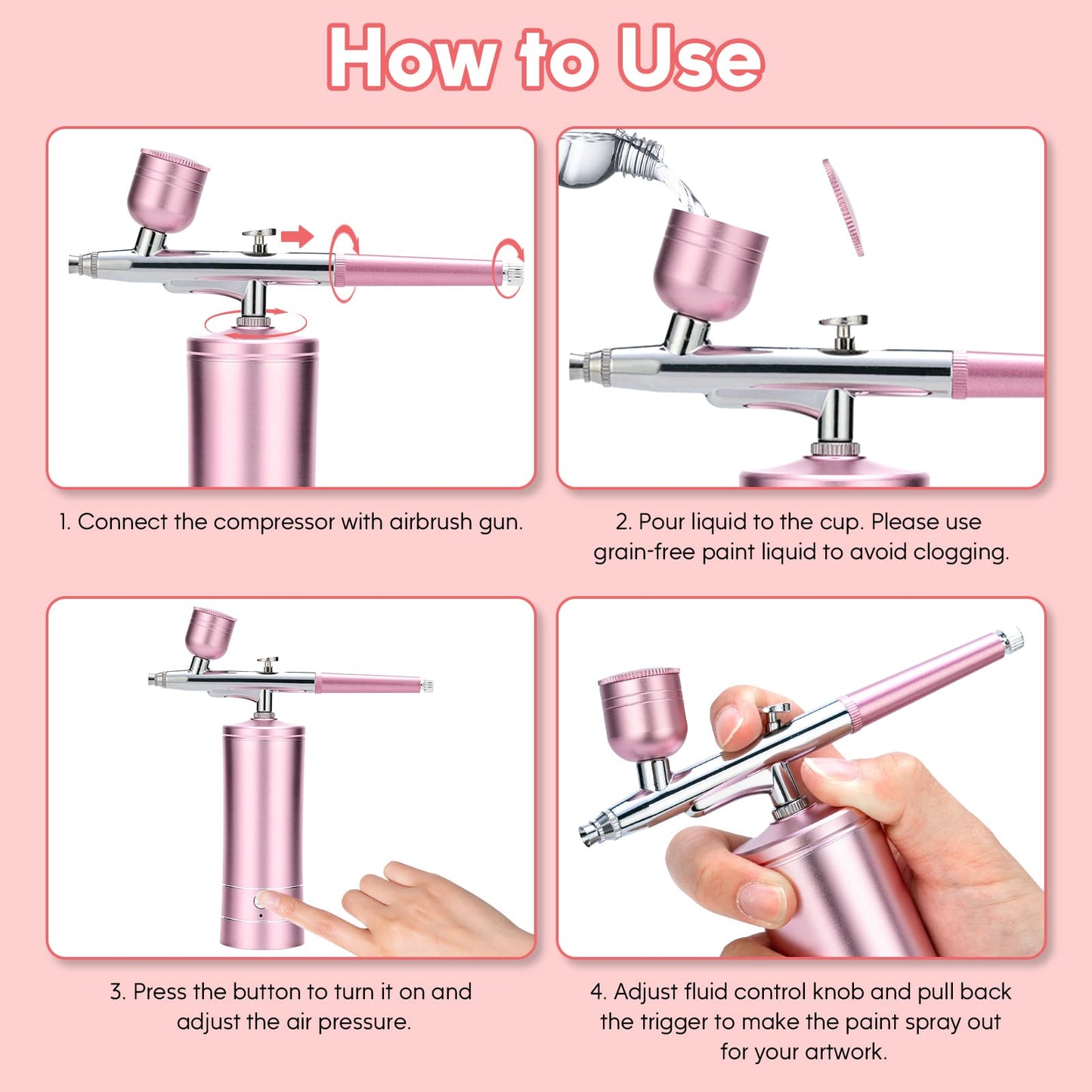 Airbrush Kit with Compressor, 30PSI High-Pressure Rechargeable Cordless Air Brush Gun with 0.3mm Nozzle & Cleaning Brush Set for Nail Art, Makeup, Painting, Cake Decor, Barber, Tattoo, Model