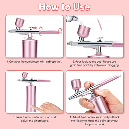 Airbrush Kit with Compressor, 30PSI High-Pressure Rechargeable Cordless Air Brush Gun with 0.3mm Nozzle & Cleaning Brush Set for Nail Art, Makeup, Painting, Cake Decor, Barber, Tattoo, Model