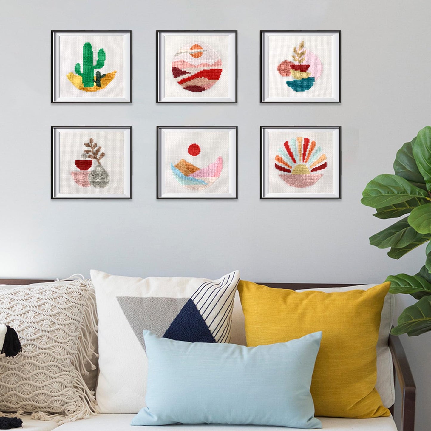 6PCS Cross Stitch Kits for Beginners DIY Embroidery Kit for Kids Adults Boho Cross Stitch Kits Christmas Birthday Gift Abstract Landscape Needlepoint Patterns with 2 Embroidery Hoops Craft Supplies