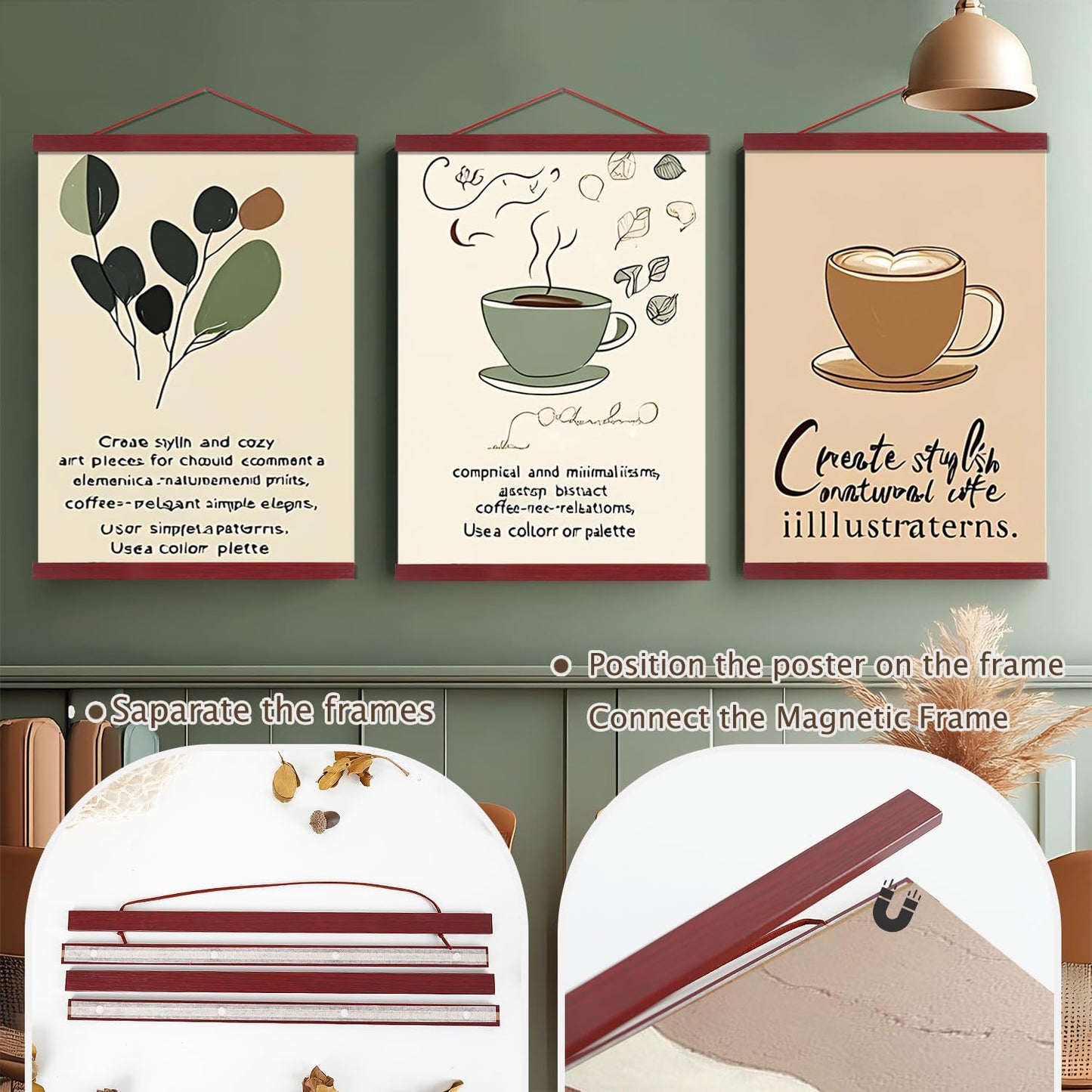 Magnetic Poster Hanger Frame, 8x10 8x12 8x24 Light Wood Wooden Magnet Canvas Artwork Print Poster Hangers Frames Hanging Kit (Mahogany, 8")