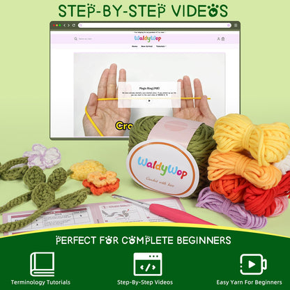 Crochet Kit for Beginners - 8 Flower Bookmarks Knitting Kit w/Step-by-Step Video Tutorials & Soft Yarn, Hook - Wobbles DIY Art Craft Kit for Adults Kids, Birthday Gifts for Women Girls Teen