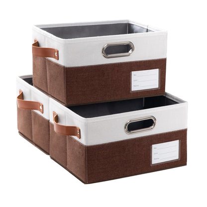 Foldable Storage Bins with Handles [3-Pack] Fabric Collapsible Storage Boxes Baskets Cubes Containers with Handles for Closet Living Room Bedroom (Brown & White 11.5x8.5x6.7'')
