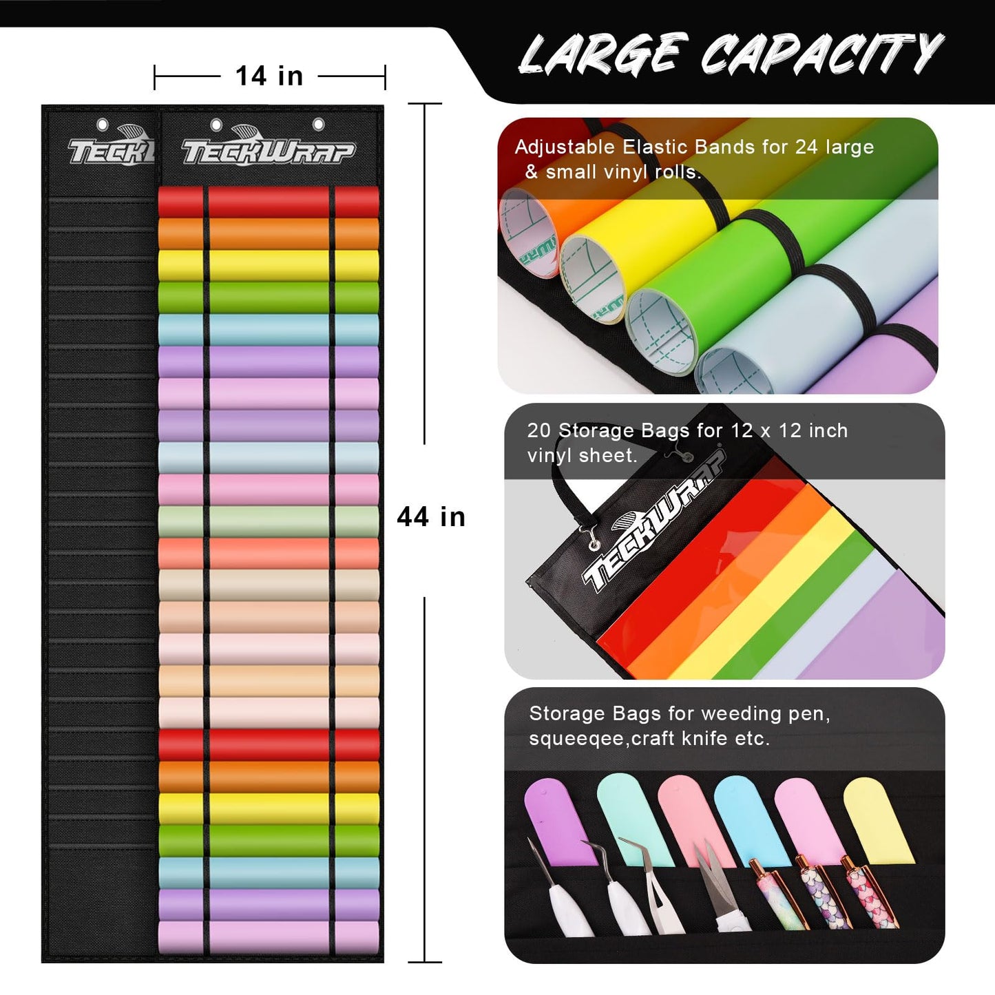 Black Vinyl Roll Storage Organizer, Double-Sided Wall-Mount with 44 Compartments, Craft Vinyl Storage Organizer