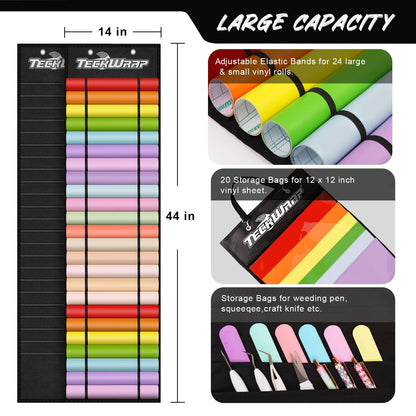 Black Vinyl Roll Storage Organizer, Double-Sided Wall-Mount with 44 Compartments, Craft Vinyl Storage Organizer