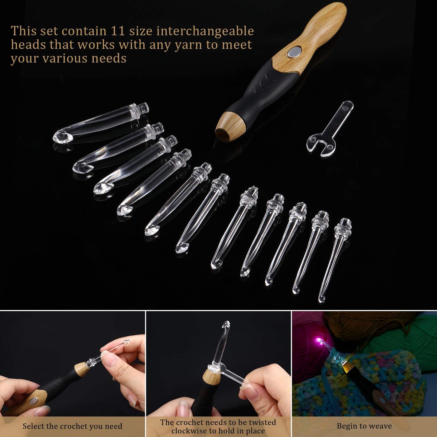11 Sizes Lighted Crochet Hooks Set Rechargeable Crochet Hook Light Up Hooks with Case, Interchangeable Heads 2.5 mm to 8 mm for DIY Craft Supplies(Wood Color-Black)
