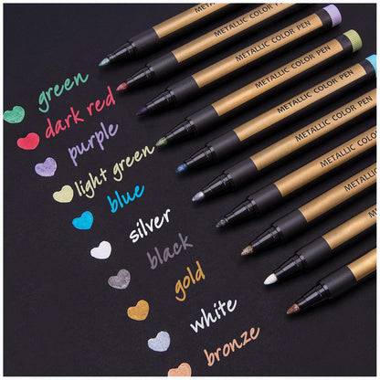 Metallic Marker Pens - Set of 10 Medium Point Metallic Markers for Rock Painting, Black Paper, Card Making, Scrapbooking Crafts, DIY Photo Album