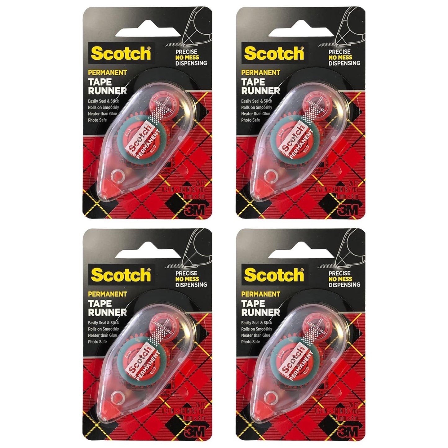 Scotch Double Sided Adhesive Roller, 7 mm x 8 m, Red, 4 Pack