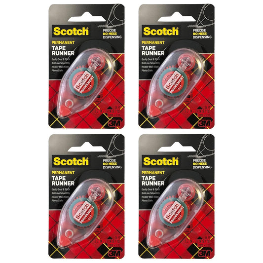 Scotch Double Sided Adhesive Roller, 7 mm x 8 m, Red, 4 Pack