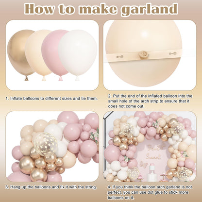 157 Pcs Boho Dusty Pink Balloons Arch Garland Kit, Blush Neutral Pink Sand White Metallic Gold Different Size Balloon for Girls Baby Shower Birthday Wedding Gender Reveal Party Decorations