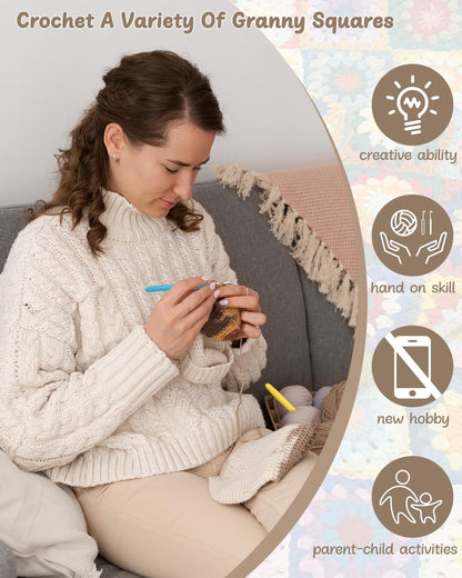 Beginner Crochet Kit for Adults & Kids - Granny Square Blanket & Bags Kit Includes Crochet Blocking Mat & Book