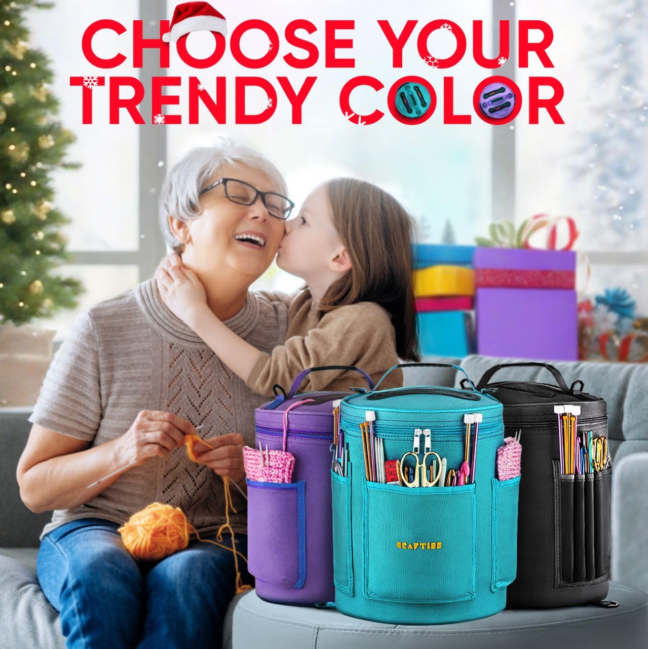 Knitting Bag Yarn Storage - Mother's Day Gift - Best Durable Canvas Yarn Bag for Crochet Accessories - Yarn Organizer Crochet Bag with Knitting Accessories Case