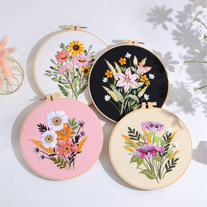 Flower Embroidery Kit for Beginners with Flower Pattern and Instructions,4 Pack Cross Stitch Kits,2 Wooden Embroidery Hoops,Threads and Needles,Needlepoint Kit for Adults