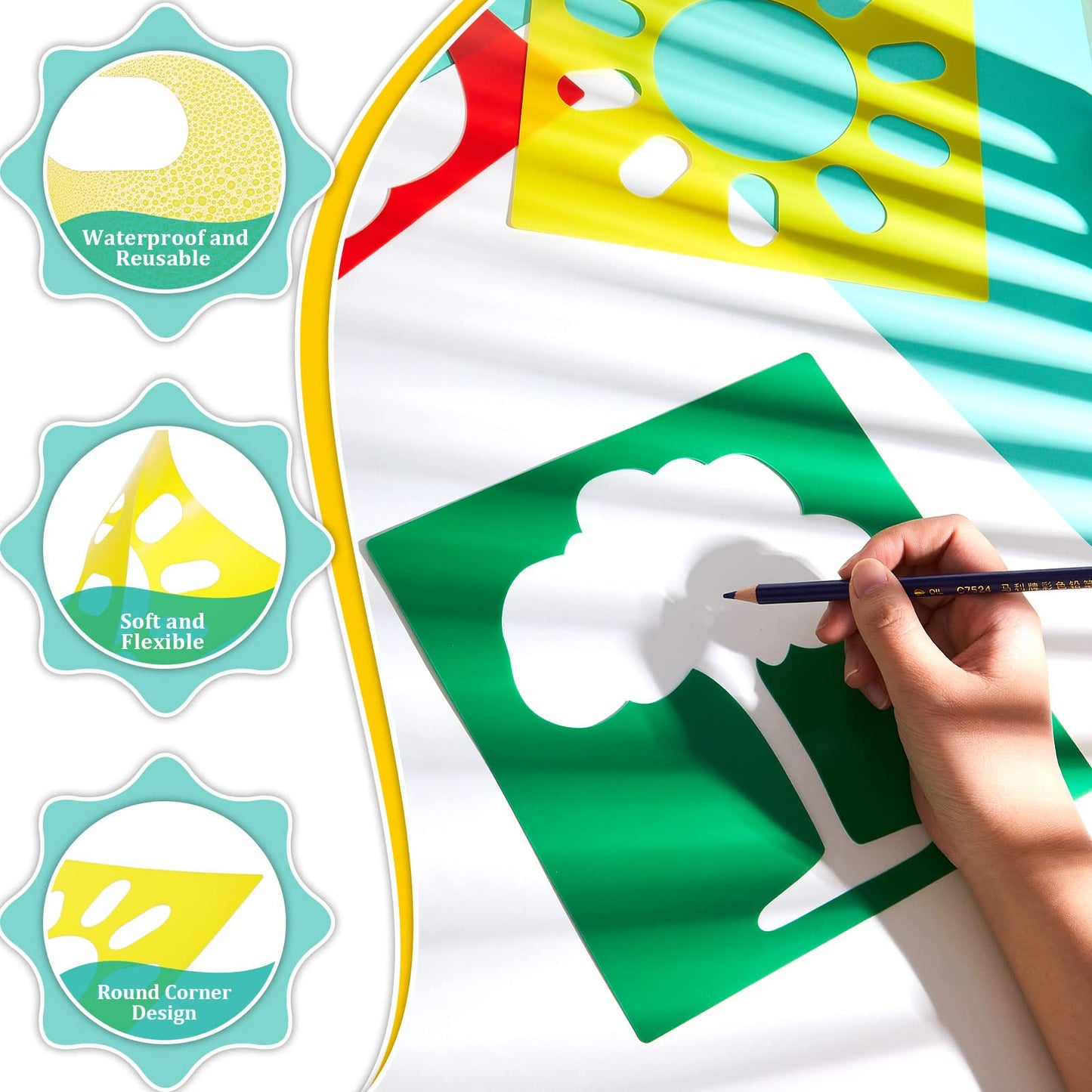 24 Pieces Stencils for Kids 8 Inches Drawing Stencils Chalk Template Large Washable Geometric and Garden Themed Primary Shape Template for Kids Toddlers Preschooler(Primary Style)