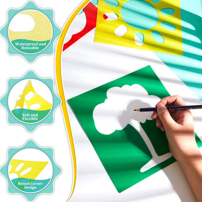 24 Pieces Stencils for Kids 8 Inches Drawing Stencils Chalk Template Large Washable Geometric and Garden Themed Primary Shape Template for Kids Toddlers Preschooler(Primary Style)