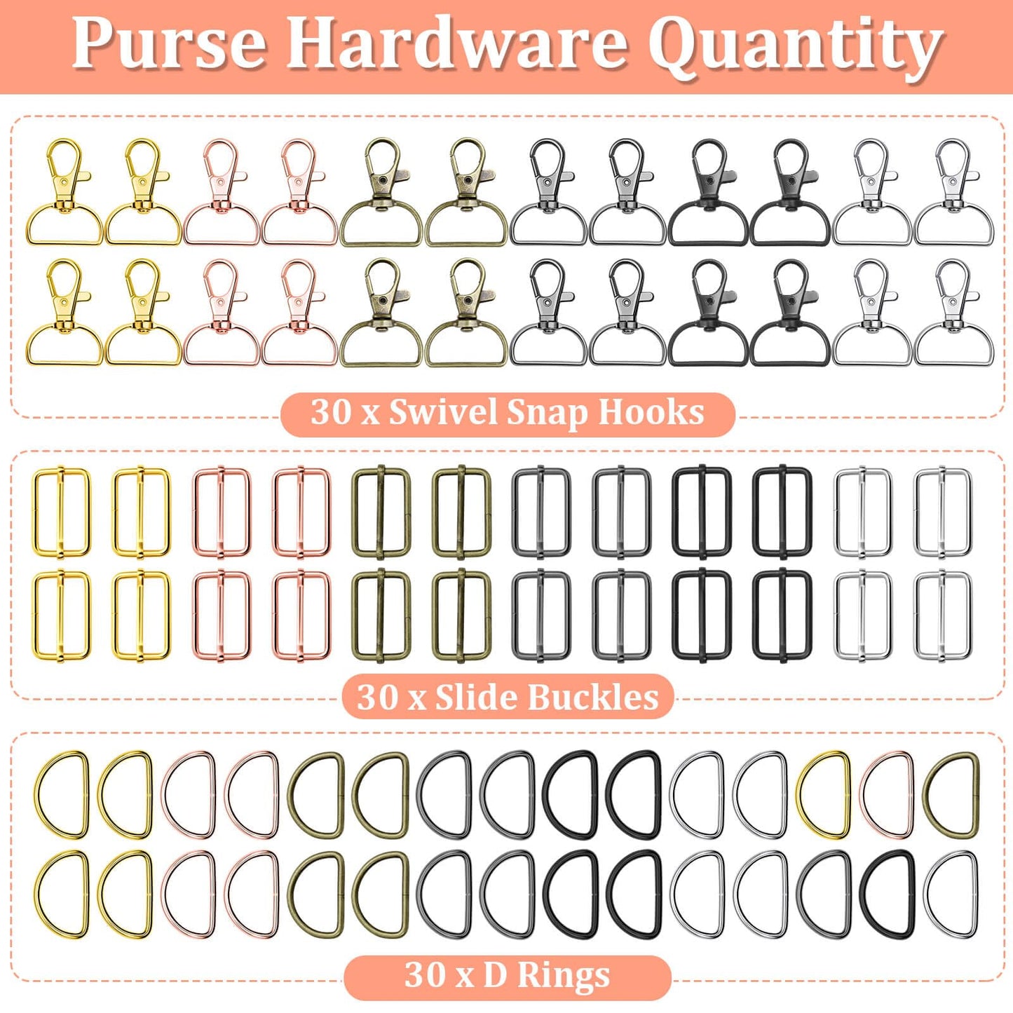 Keychain Bulk with Key Chain Swivel Hook D Rings and Slide Buckles for Handbag Purse Hardware Craft (1 Inch)