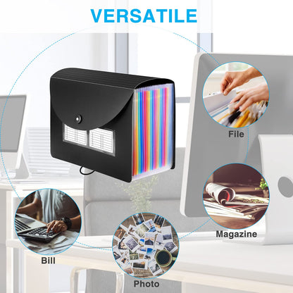 24 Pockets Expanding File Folder with Blank Labels, According File Organizer with Expandable Cover, Desktop Accordion Folders Letter A4 Paper Document Storage Organizer, Black