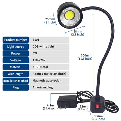 Led Magnetic Work Light 300mm Flexible Gooseneck lamp 500 Lumens 120 Volt for Sewing Machine Lathe Milling Drill Press Industrial Lighting