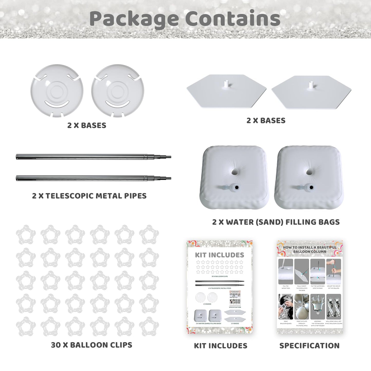 Balloon Arch Stand, Balloon Arch Kit of 2, 7 Feet Height Adjustable Metal Balloon Column Stand for Party Decorations Wedding Birthday, Graduation Party Decoration, Baby Shower, Silver