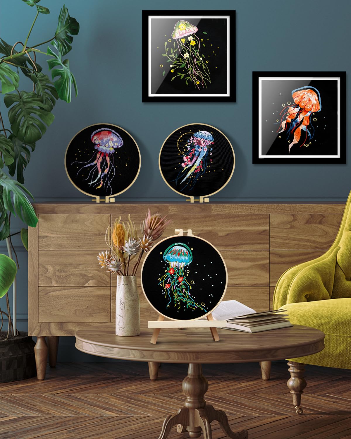 Embroidery Kit for Adults, 5 Sets Jellyfish Embroidery Kit for Beginners Include Embroidery Cloth Hoops Threads for Craft Lover Hand Stitch with Embroidery Skill Techniques