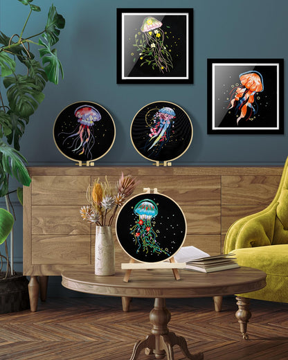 Embroidery Kit for Adults, 5 Sets Jellyfish Embroidery Kit for Beginners Include Embroidery Cloth Hoops Threads for Craft Lover Hand Stitch with Embroidery Skill Techniques