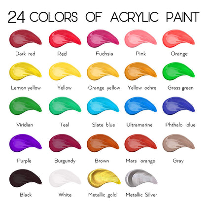 42PCS Acrylic Paint Set of 24 Colors 2fl oz 60ml Bottles with 12 Brushes and 6 Paint Knives,Non Toxic 24 Colors Acrylic Paint No Fading Rich Pigment for Kids Adults Artists Canvas Crafts Wood