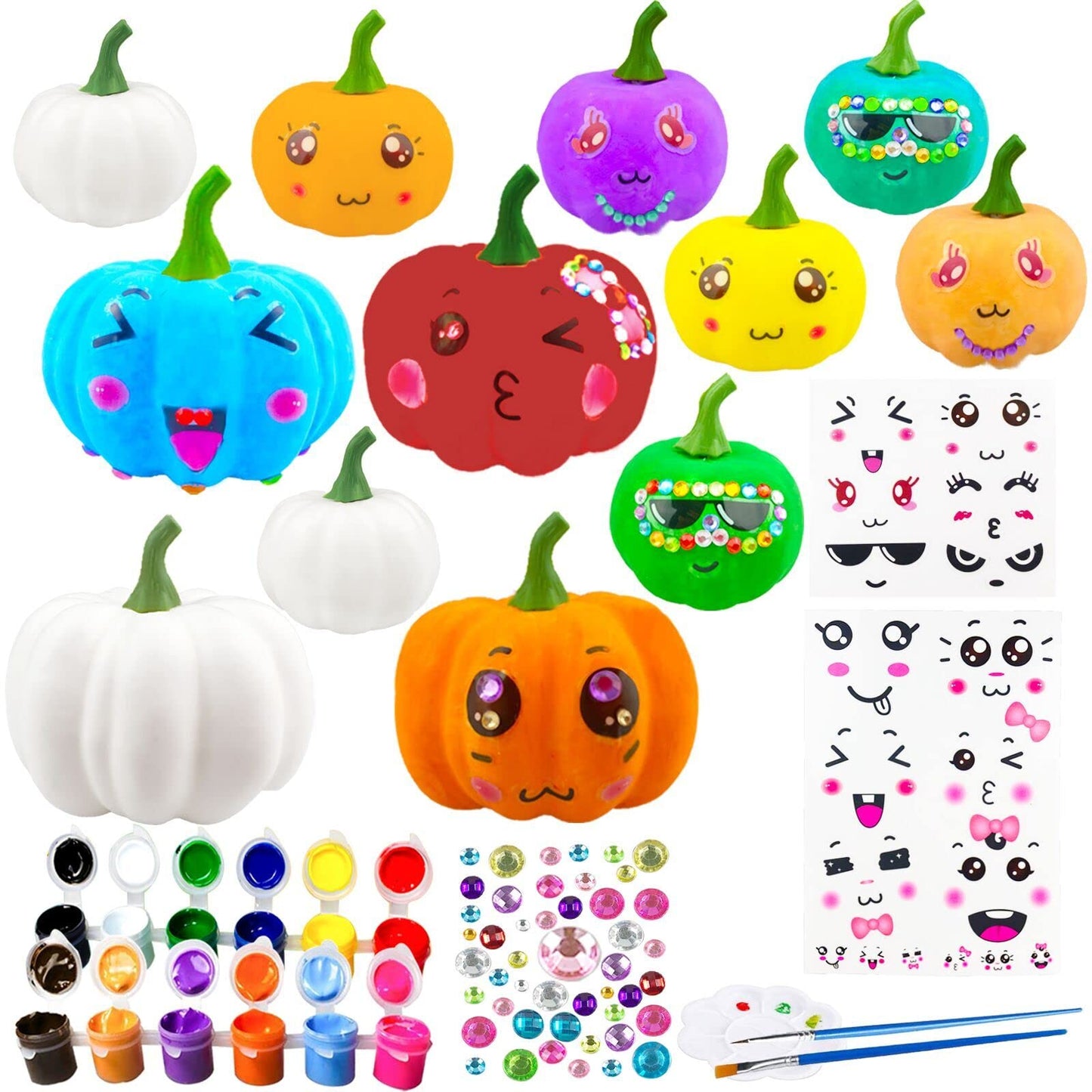 Pumpkin Decorations Halloween Crafts - 12 White Artificial Pumpkins DIY Arts Kit With Stickers for Kids - Fall Decor for Party, Thanksgiving, Home