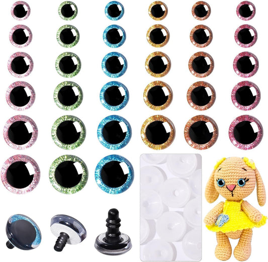 180 Pcs 3D Glitter Safety Eyes for Amigurumi with Washers 12-30mm Trapezoid Safety Eyes for Crochet Animals Doll Eyes for Crocheting Stuffed Animal Eyes for DIY Christmas Decoration(6 Colors)