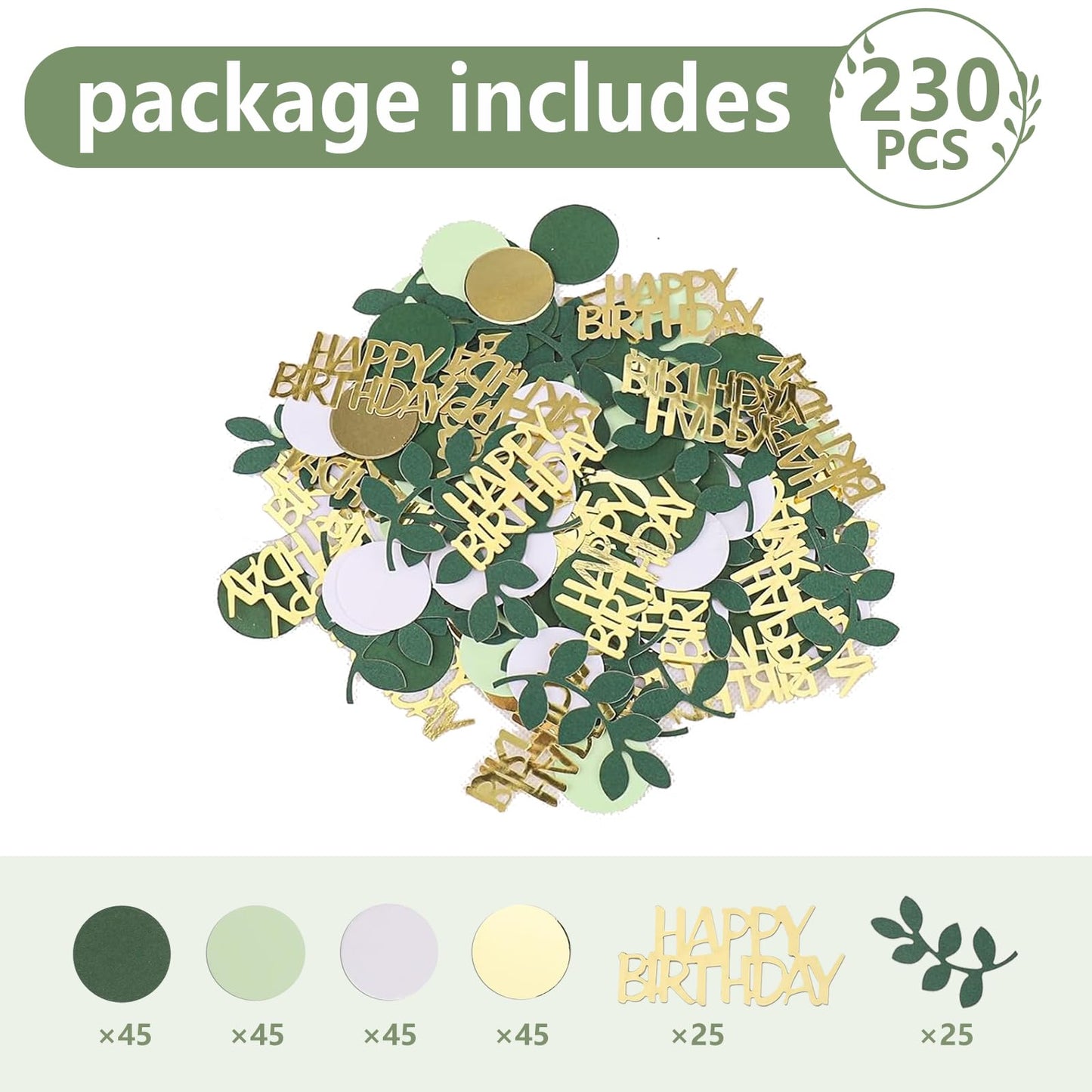 Sage Green Happy Birthday Confetti, Birthday Table Decorations Scatter Green Gold Foil Cake Confetti Decorations for Party, Baby Shower DIY Arts Crafting 230 Pcs